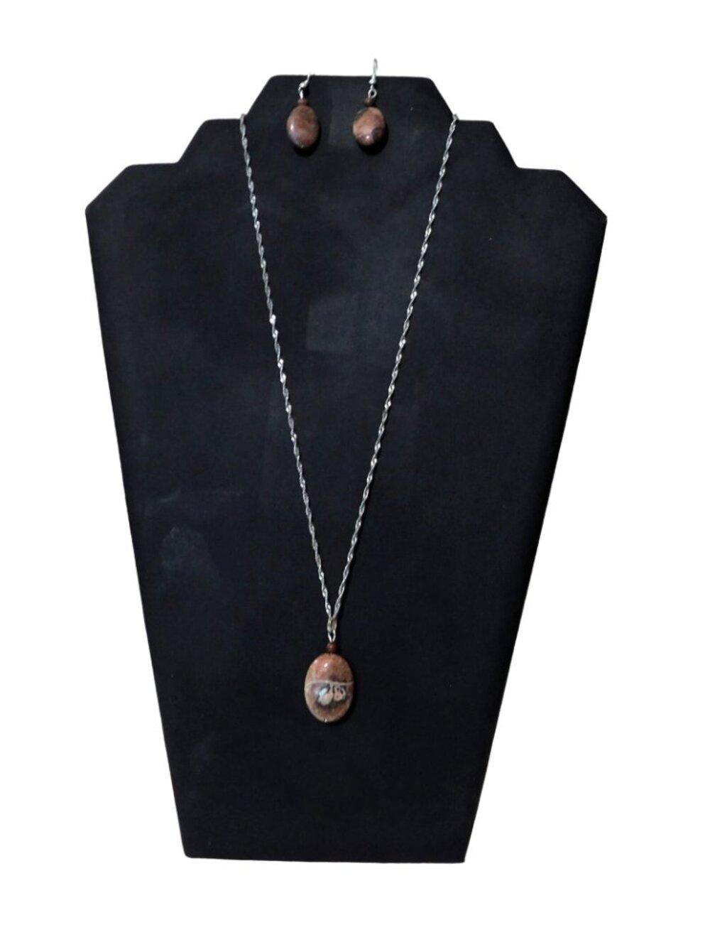 Brown Stone Necklace and Fishhook Pierced Earrings 20" Twist Silver Tone Chain - Picture 6 of 10